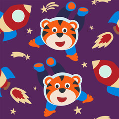 Seamless pattern cute astronaut  tiger in space with cartoon style. space rockets, planets, stars. Creative vector childish background for fabric, textile, nursery wallpaper, card, poster.