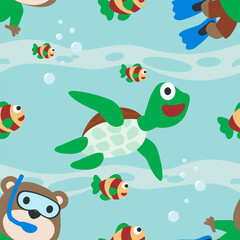 Fototapeta na wymiar Seamless pattern texture with little bear and bear are swim in underwater. For fabric textile, nursery, baby clothes, background, textile, wrapping paper and other decoration.