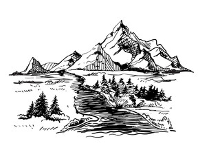 Mountains sketch. Hand drawn vector illustration. Mountain travel, highlands range. Dot and line art. Rocky peaks. Landscape silhouette.