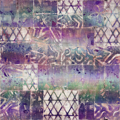 Seamless purple and cream textured mixed media pattern print. High quality illustration. Artistic digital faux collage or paint design for print for surface design in any application.