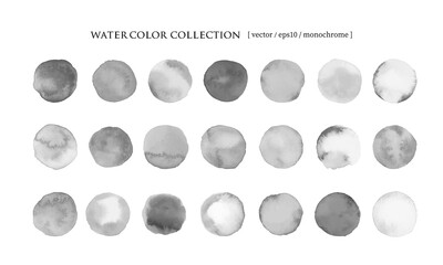 水彩画の丸素材 モノクロ21種類セット（ベクター）