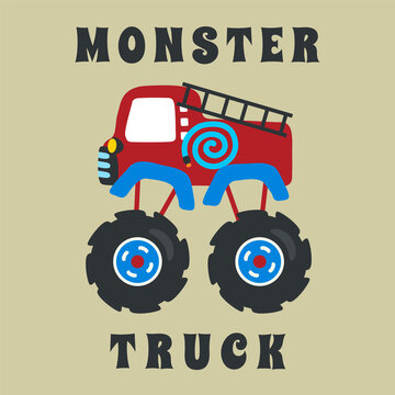 Vector illustration of fire rescue monster truck with cartoon style. Can be used for t-shirt print, fashion design, invitation card. fabric, textile, nursery wallpaper, poster and other decoration.