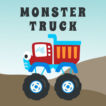 Vector illustration of monster truck with cartoon style. Can be used for t-shirt print, kids wear fashion design, invitation card. fabric, textile, nursery wallpaper, poster and other decoration.