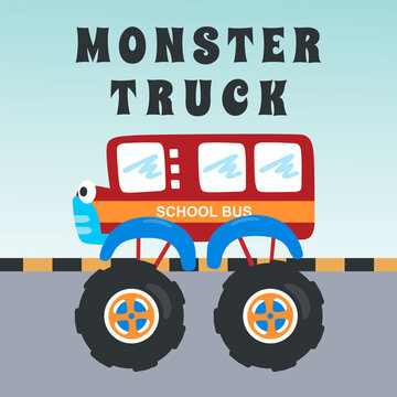 Vector illustration of monster truck with cartoon style. Can be used for t-shirt print, kids wear fashion design, invitation card. fabric, textile, nursery wallpaper, poster and other decoration.