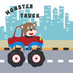 Obraz na płótnie Canvas Vector illustration of monster truck with animal driver. Can be used for t-shirt print, kids wear fashion design, invitation card. fabric, textile, nursery wallpaper, poster and other decoration.