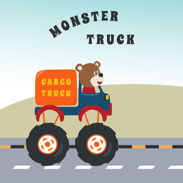 Vector illustration of monster truck with animal driver. Can be used for t-shirt print, kids wear fashion design, invitation card. fabric, textile, nursery wallpaper, poster and other decoration.