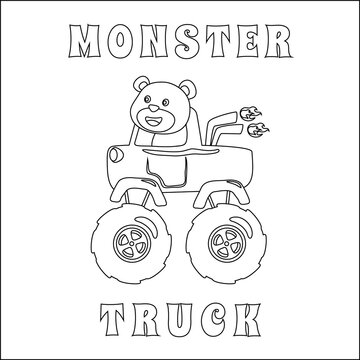 Vector illustration of monster truck with animal driver. Cartoon isolated vector illustration, Creative vector Childish design for kids activity colouring book or page.