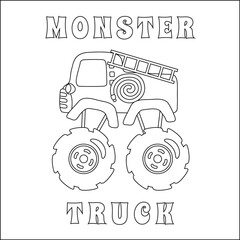 Vector illustration of fire rescue monster truck with cartoon style. Cartoon isolated vector illustration, Creative vector Childish design for kids activity colouring book or page. © Hijaznahwani