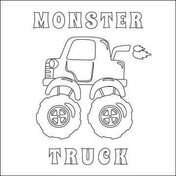 Vector illustration of monster truck with cartoon style. Cartoon isolated vector illustration, Creative vector Childish design for kids activity colouring book or page.