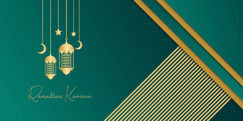 Ramadan Kareem illustration with calligraphy on green background