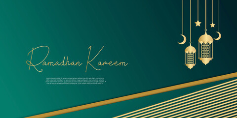 Ramadan Kareem illustration with calligraphy on green background