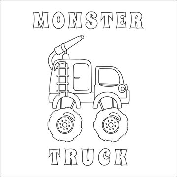 ector illustration of fire rescue monster truck with cartoon style. Cartoon isolated vector illustration, Creative vector Childish design for kids activity colouring book or page.