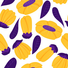 Seamless floral pattern in bright yellow and purple colors. The concept of spring, summer, joy. The objects are not cropped, the drawing is isolated from the background.