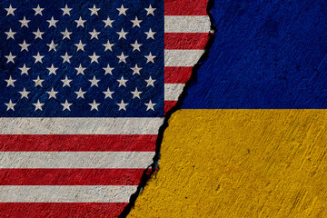 usa and ukraine flags painted on concrete wall