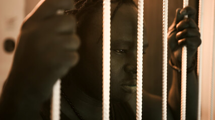 African american black man holding bars in the prison. High quality photo