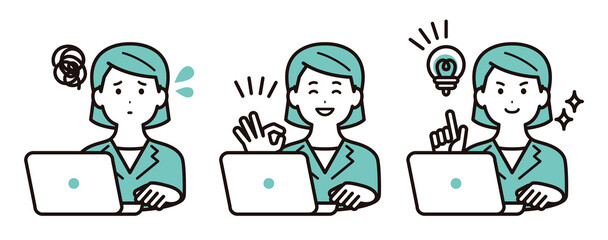 表情のバリエーションセット　ノートパソコンと、ビジネスウーマン 