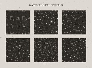Set Zodiac Constellations and Astrology Signs Seamless Pattern on the starry black background. Vector Cosmic backdrops.