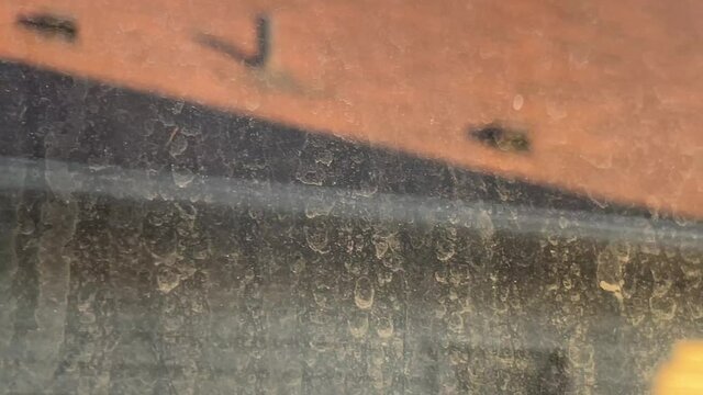 Very dirty window in house home facing another house during sunset outside - Unclean window glass