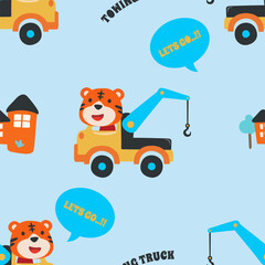 Seamless pattern texture with  tow truck cartoon with funny driver For fabric textile, nursery, baby clothes, background, textile, wrapping paper and other decoration.