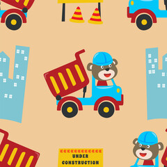 Seamless pattern texture with contruction vehicle with cute litle animal driver. For fabric textile, nursery, baby clothes, background, textile, wrapping paper and other decoration.