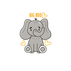 Cute illustration with little elephant, hearts, and the phrase big bro, vector print for kids t-shirt and wear, baby room, greeting card. Hand drawn nursery. The illustration has transparent areas.
