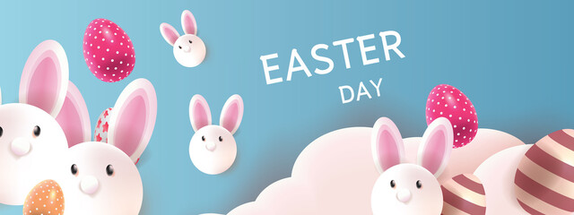 happy easter day and easter egg cute bunny cartoon snow ball for page banner art spring season brochure on april with colorful background vectur illustation.