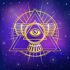 Eye of Providence. All seeing eye inside triangle pyramid. Esoteric symbol, sacred geometry. Gold imitation. A background - the night star sky. Vector illustration.
