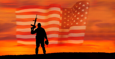 USA army soldier with nation flag. Greeting card for Veterans Day , Memorial Day, Independence Day . America celebration.