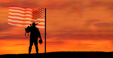 USA army soldier with nation flag. Greeting card for Veterans Day , Memorial Day, Independence Day . America celebration.