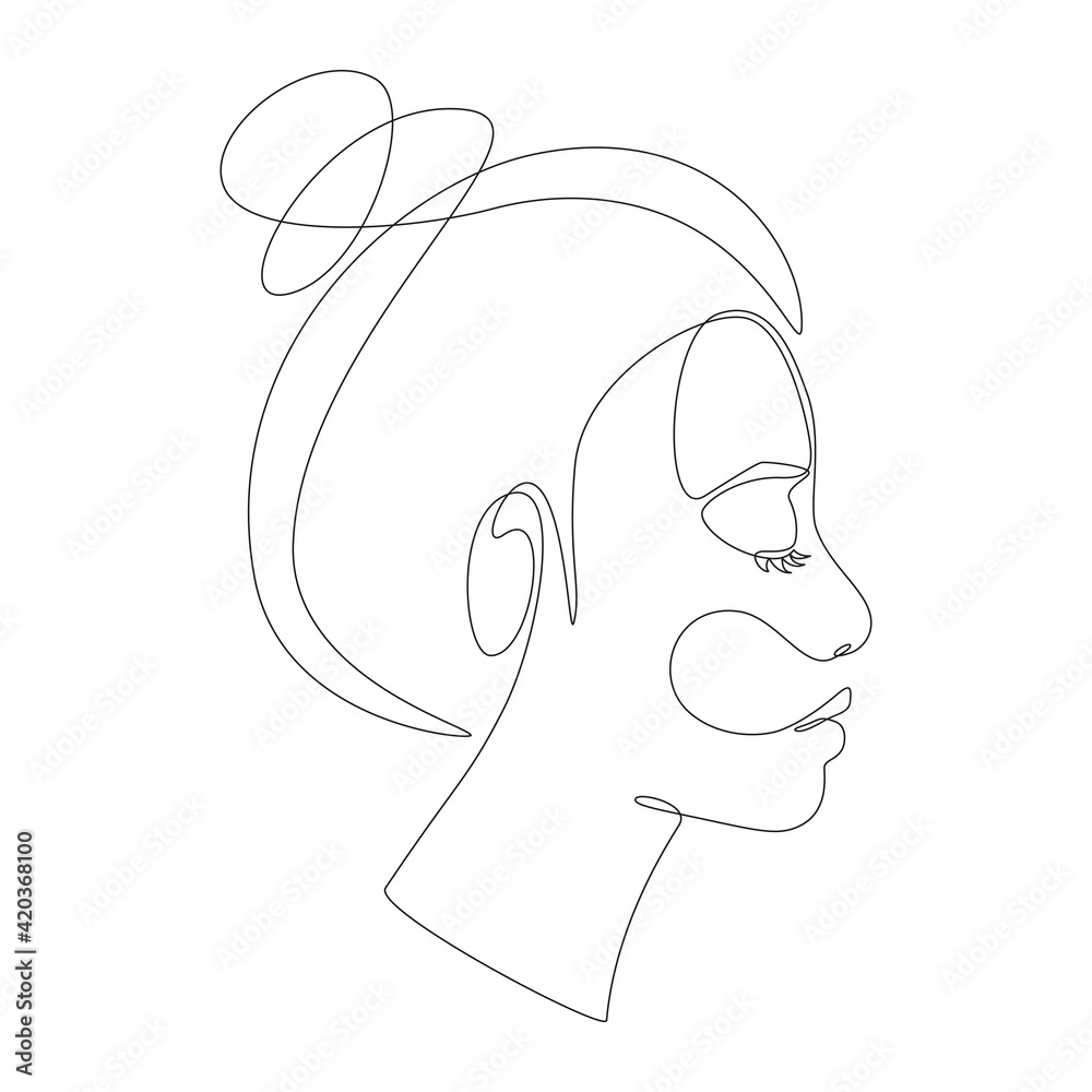 Poster Woman face in single line art style. Continuous one line portrait with abstract gradient brush stroke for prints, tattoos, posters, emblems, cards and logos. Vector illustration