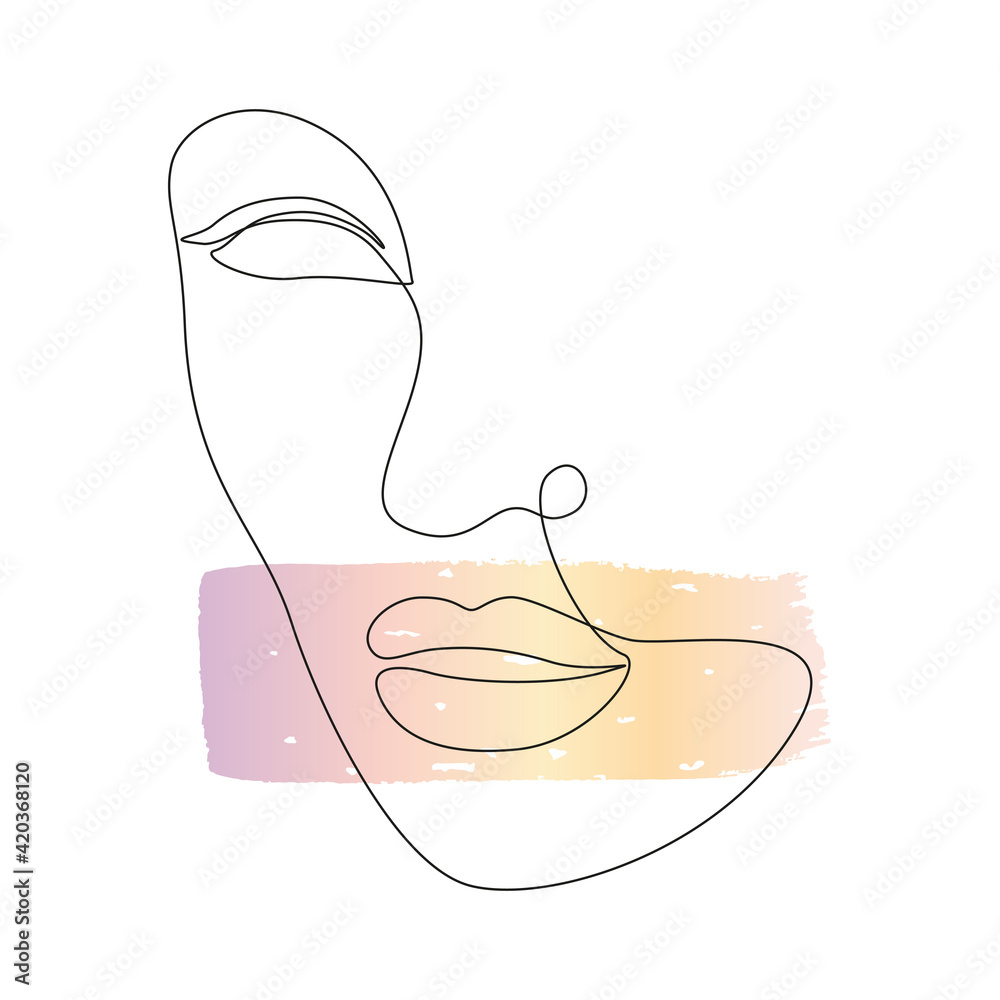 Poster vector woman face in single line art style. continuous one line portrait with abstract gradient brus