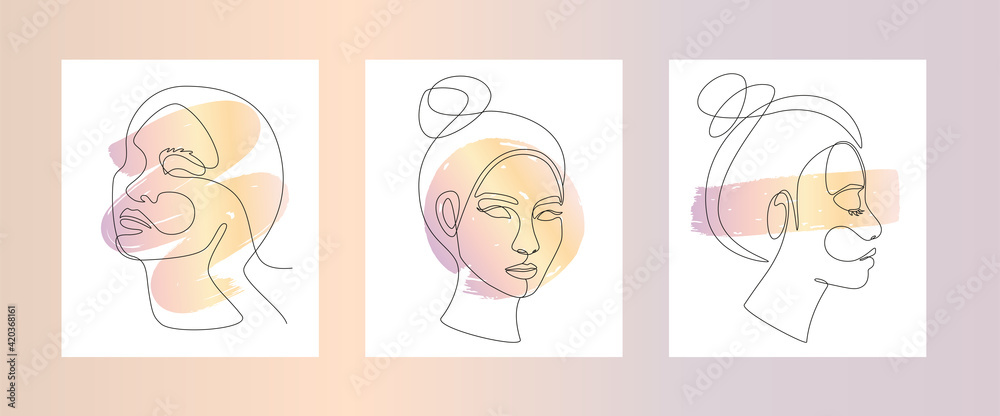 Poster set of asian woman's face in one line art style. continuous line drawing portrait with abstract grad