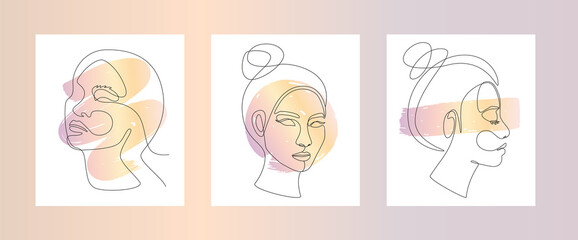 Set of Asian woman's face in one line art style. Continuous line drawing portrait with abstract gradient brush stroke for prints, tattoos, posters, emblems, cards and logo. Vector illustration