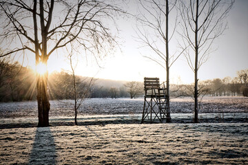 Hochsitz im Sonnenaufgang,