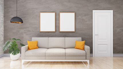 Naklejka premium Stylish interior design of living room with mock up poster frame