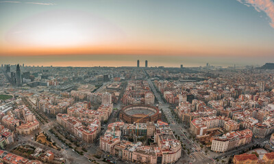 Fototapeta na wymiar Aerial drone shot of Barcelona city before sunrise time