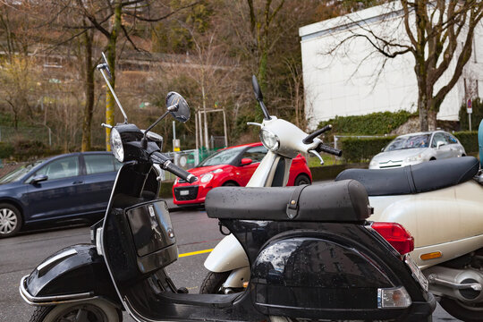 Picture of a modern motor motorbike parked in downtown