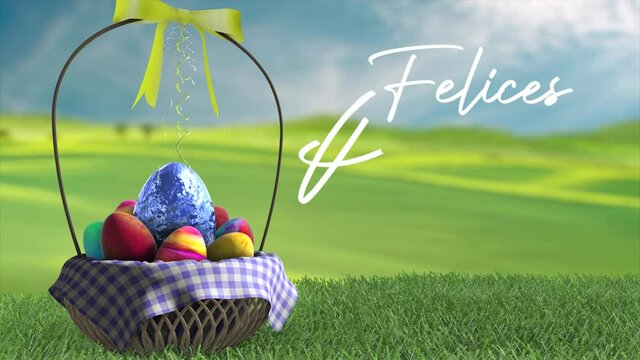 High quality 3D animation of an Easter Basket full of eggs in rolling green fields, with the message in Spanish "Felices Pascuas"