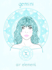 Vector illustration of Gemini zodiac sign, portrait beautiful girl and horoscope circle. Air element. Mysticism, predictions, astrology. 