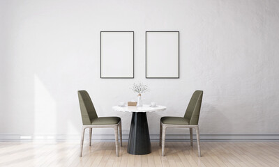 Fototapeta na wymiar Stylish interior design of dining room with mock up poster frame
