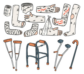 Set of crutches for disabled people with broken legs, arms and hands cast doodles. Collection of injured limbs in gypsum plasters and walking support. Media glyph symbols