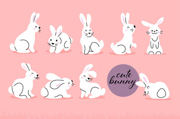 Collection of cute white bunny characters isolated on pink background. Rabbit animal icon. Hand drawn doodle style. Vector illustration. For stickers, cards, tags, Easter decor.