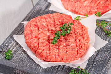 Raw minced beef patties for burgers. Raw meat for hamburgers. Beef cutlets.