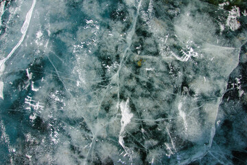 ice of lake Baikal view from above large cracks in the ice.