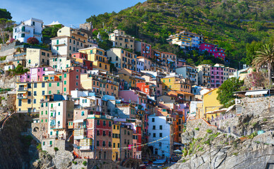 Riomaggiore and Corniglia. Cinque Terre. Liguria, Italy