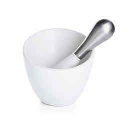 Mortar and pestle on white background