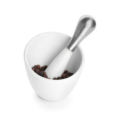 Mortar with pepper and pestle on white background