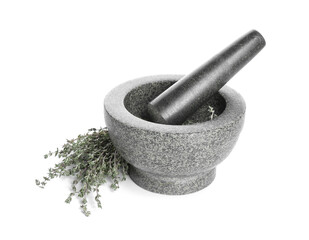 Mortar with thyme and pestle on white background