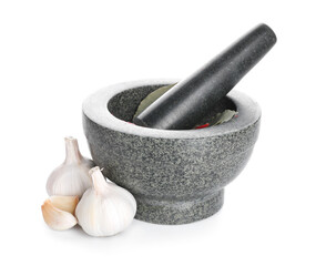 Mortar with spices and pestle on white background