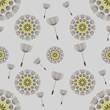 Dandelion seed heads and flying seeds seamless pattern
